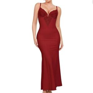 NWT Popilush Shapewear Maxi Dress Large Lace Bodycon Cocktail Deep V Neck Wine